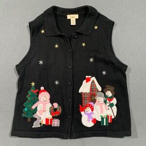 Vintage Womens XL Black Christmas Snowman Tree Vest Sweater Ramie Cotton